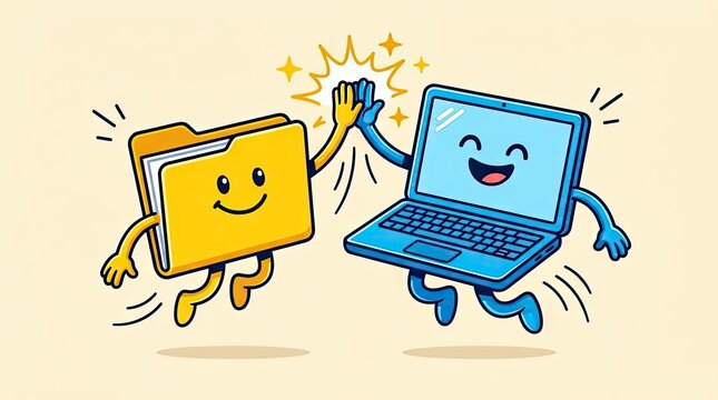 Cartoon folder and laptop characters high fiving.
