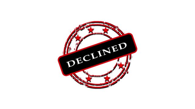 Red declined rubber stamp animation on white background, for business rejection, and denial concepts rejected.