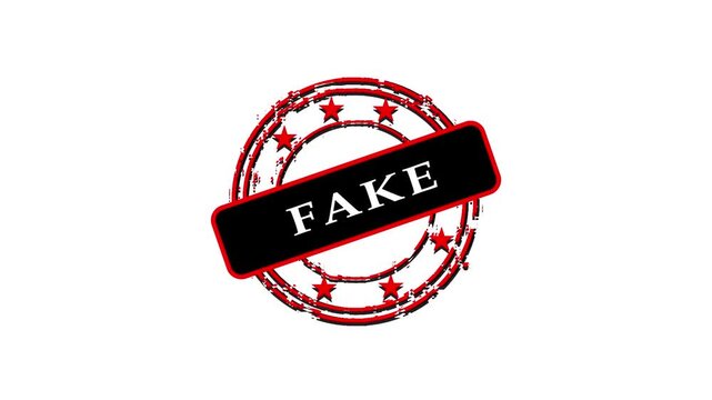Fake stamp seal internet reaction 2D animation. Counterfeit circular badge. False label. Cancel culture. Staged content. Debunked disinformation. Gen z word animated overlay. Cartoon motion graphic