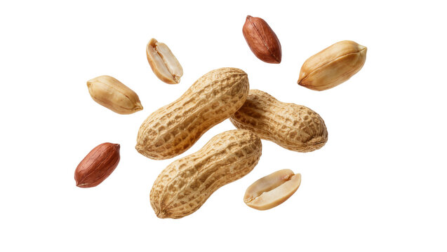 Whole and shelled peanuts some cracked open, isolated on transparent background