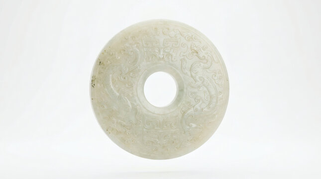 Ancient Chinese jade bi disc with carved patterns isolated on white background