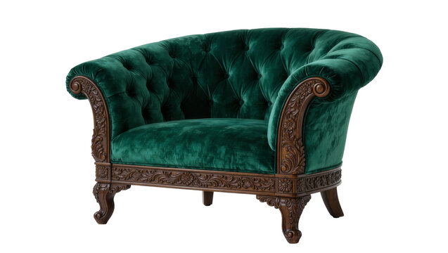 Deep green velvet tufted sofa with ornate carved dark wood frame, isolated on transparent background