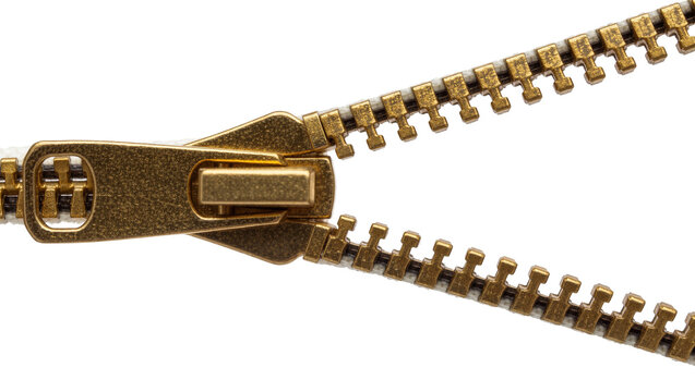 Brass zipper slider and teeth partially open, isolated on transparent background