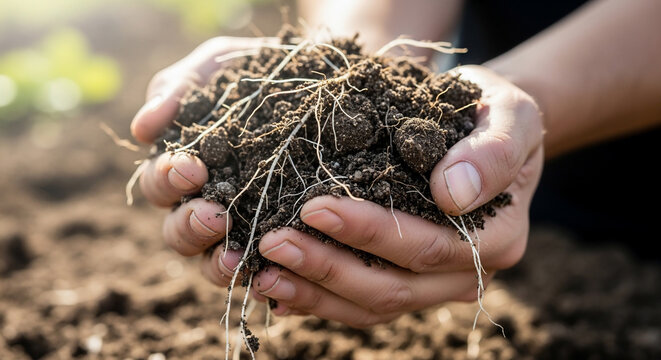 Closeup of a persons hands holding a handful of rich, fertile soil with visible plant roots, symbolizing agriculture and nature
