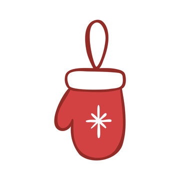 Vector line art illustration of red mitten with a snowflake decor element. Minimalist hand-drawn Christmas tree decoration. Clip art for seasonal packaging, print designs, holiday stickers.
