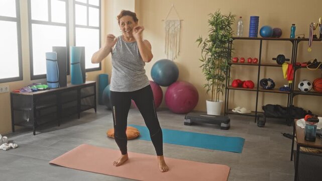 Middle age woman on yoga mat stretching her arms and stepping barefoot while smiling in studio; wellness joy.