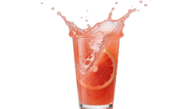 Grapefruit juice splashing from a glass with a grapefruit slice, isolated on transparent background