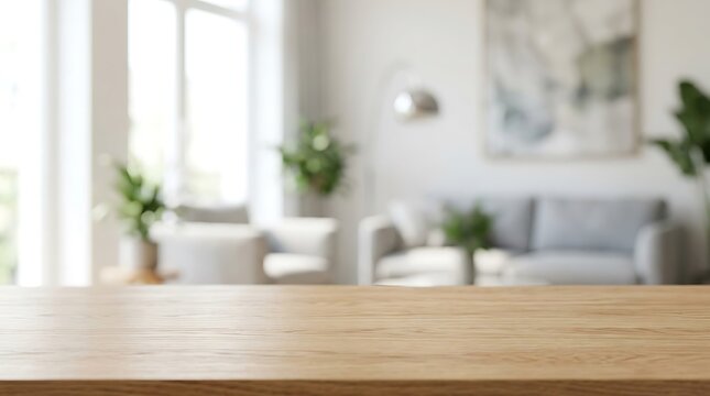 Empty wooden tabletop with blurred modern living room background for product display mockup presentation in bright home.