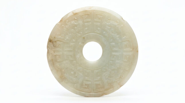 Ancient Chinese jade bi disc with carved patterns isolated on white background