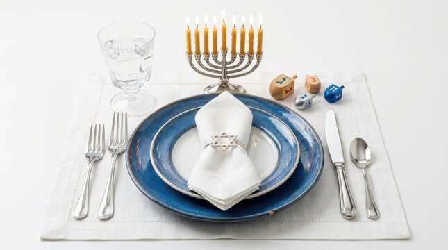 Hanukkah table setting with menorah and blue plates