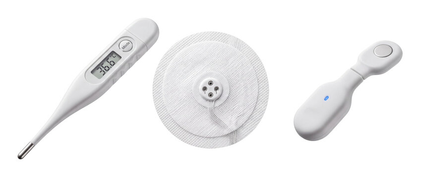 Digital thermometer glucose monitor sensor patch isolated on black background for modern healthcare diagnostic tracking smart medical wireless wearable equipment display.