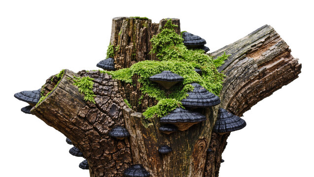 Dark bracket fungi and lush green moss growing on a weathered tree stump, isolated on transparent background