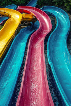 A group of water slides going down a hill. vertical frame