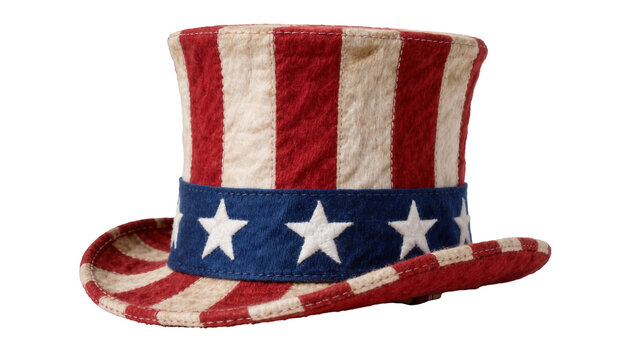Uncle Sam top hat with red and white stripes and blue band with white stars, isolated on transparent background