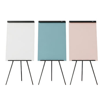 Three colorful flipchart stands with blank paper sheets isolated on white background