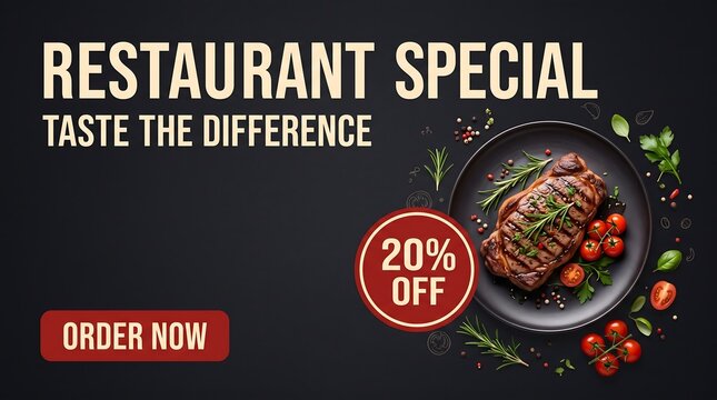 Restaurant special banner with 20 percent off discount and order now button