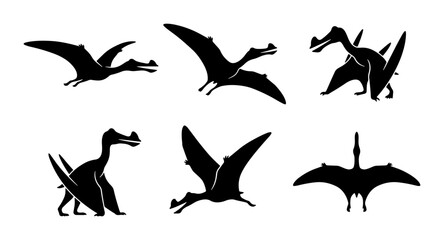 Pterodactyl Silhouettes, Flying Dinosaur Vector Icons, Prehistoric Reptile Graphics, Ancient Creature Set © Aditya