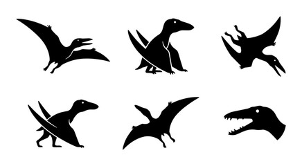 Pterodactyl Silhouettes, Dinosaur Icons, Prehistoric Flying Reptiles, Ancient Wildlife Vector Set © Aditya