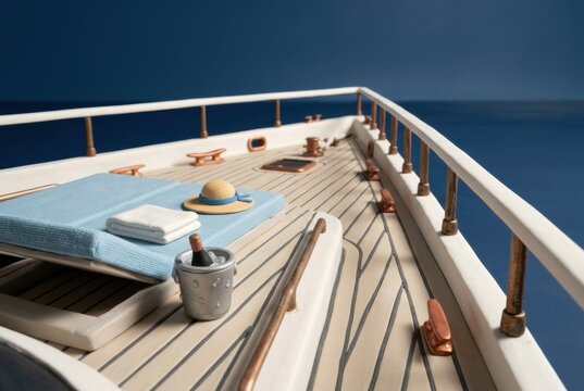 Superyacht deck with teak lounger and calm ocean view