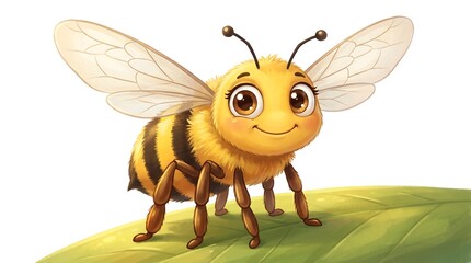 Fototapeta premium Cute honey bee character illustration, friendly bumblebee on green leaf, cheerful insect mascot for children education