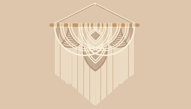 Handcrafted boho style macrame wall hanging with intricate knot patterns and tassels suspended from a wooden dowel on a tan wall.