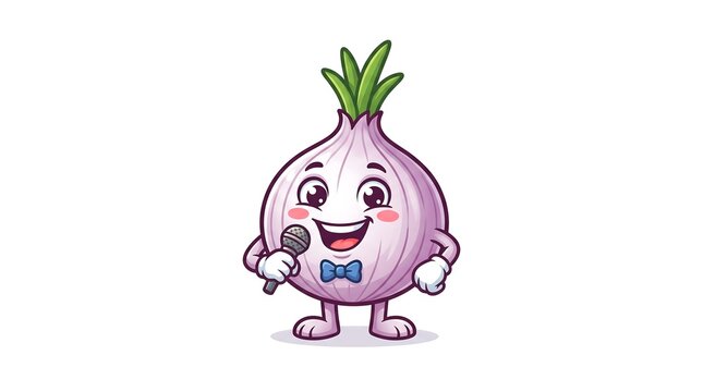 Cheerful onion character holding microphone, singing vegetable mascot with bow tie, purple onion cartoon illustration on white background