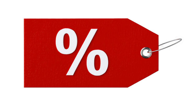 Red percentage tag with metal grommet and string, isolated on transparent background