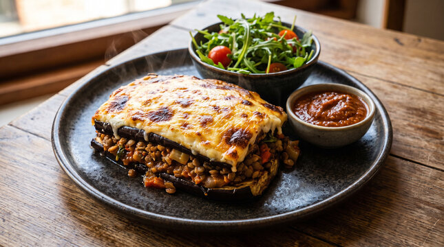 A hearty grilled eggplant moussaka layered with creamy cheese on a dark ceramic plate, served with fresh arugula salad and spicy tomato sauce for a tasty vegetarian dinner.