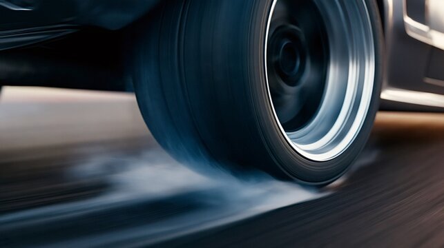 Car wheel spinning violently on asphalt, burning rubber and throwing smoke in a dramatic burnout with motion blur that conveys speed, power and raw traction loss