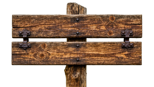 Rustic wooden double-sided signpost with rusty metal hinges, isolated on transparent background