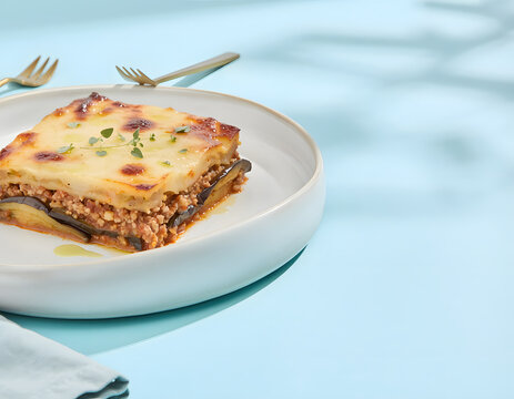 Traditional Greek Moussaka Slice with Golden Bechamel and Eggplant Layer on Light Blue Surface