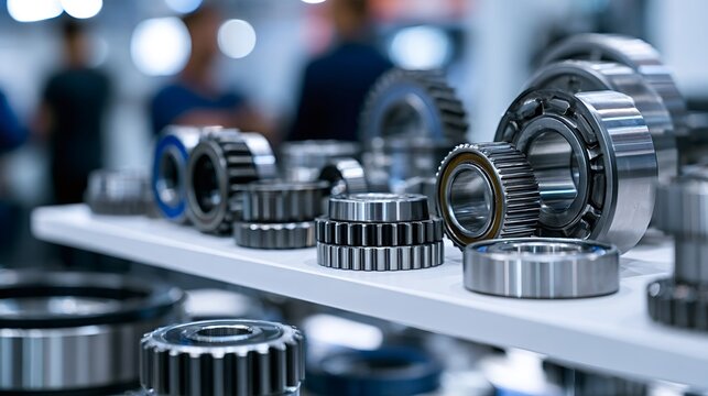 Metal ball and roller bearings with interlocking cogwheels showcased on a trade show shelf, highlighting precision engineering, shiny steel components and industrial machinery detail