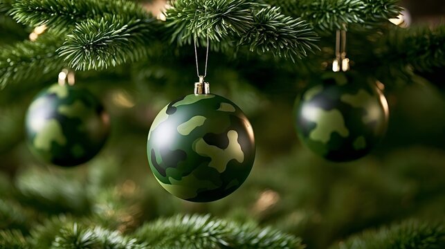 Camouflage patterned christmas ornaments hang from green pine branches, blending military themes with festive holiday decorations, representing service, remembrance, and unique seasonal cheer