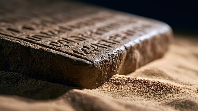 Ancient cuneiform tablet revealing historical writings and cultural heritage, excavated and resting in textured desert sand, representing archaeological discoveries and old civilization