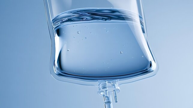 Iv drip bag with clear saline solution for intravenous therapy, representing medical care, hydration and hospital treatment in a clean clinical setting, close up concept image