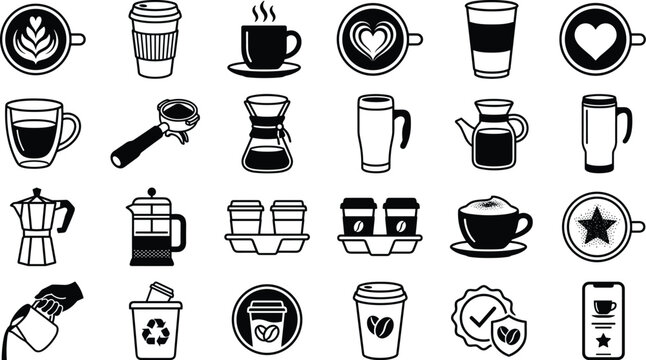  Coffee shop icon set with latte art moka pot french press espresso cup portafilter and takeaway cup holder symbols
