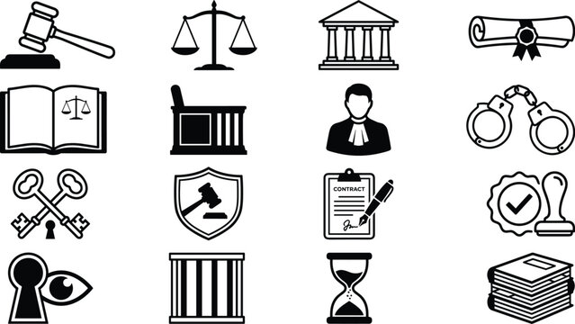  Courtroom legal system vector icons featuring prison cell jail bars hourglass stamp shield lock keyhole and document stack