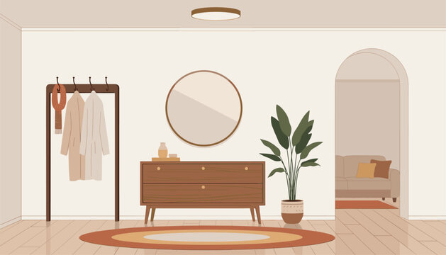 Elegant modern home entryway interior with a wooden console cabinet, round mirror, coat rack, and green potted plant.