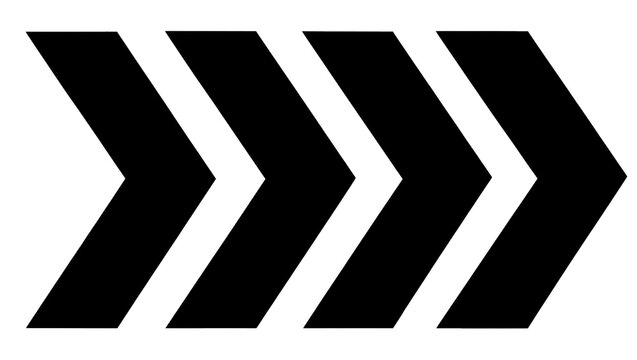Four black chevron arrows pointing right, isolated on transparent background