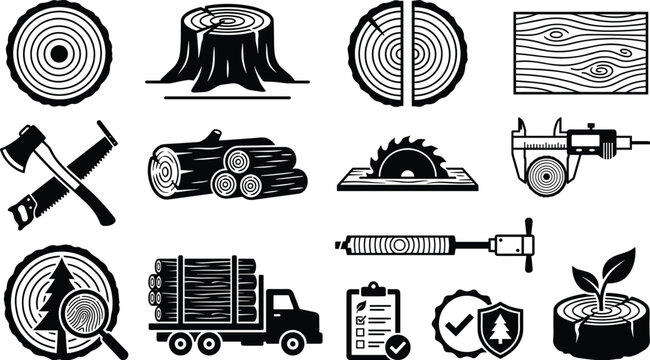 Lumber industry icon set with wood log tree rings stump ax hand saw circular blade and logging truck symbols