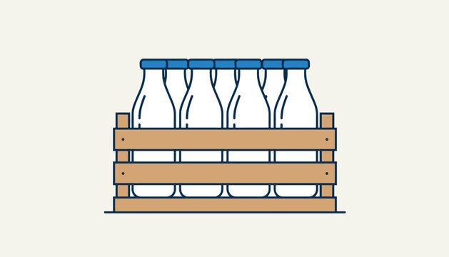 Row of fresh glass milk bottles with blue caps stored neatly in a rustic wooden carrying crate over a light background.