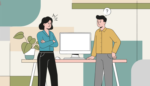 Angry female boss staring at a confused male colleague in front of a computer screen inside a modern office workspace.