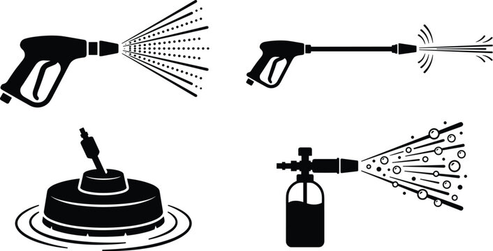 Pressure washer gun icon set with water spray nozzle jet lance surface cleaner tool and foam cannon symbols
