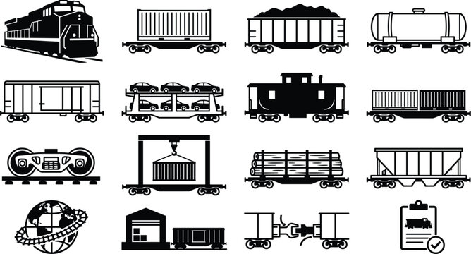 Rail transportation vector icons featuring train cars lumber logs coal hopper wheel bogie crane terminal and coupler hook