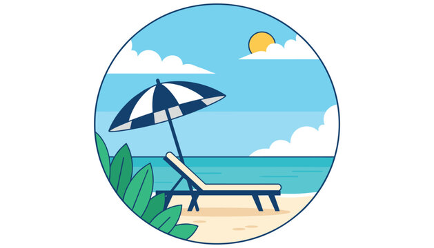 Relaxing beach scene with a deck chair and a striped umbrella on a sandy shore under a bright sun and blue sky.