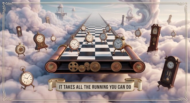 Surreal endless checkered chessboard treadmill floating among clouds with whimsical clocks running on tiny legs