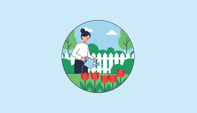Young female gardener watering beautiful red tulips with a watering can in a backyard garden with a white fence.