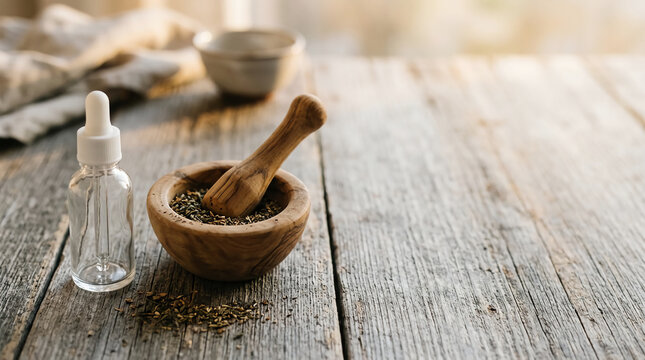 Essential oil dropper bottle and wooden mortar with pestle on rustic table for herbal medicine and natural skincare, warm golden hour lighting, wellness concept studio photography.