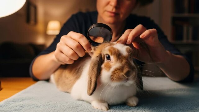 Woman checking her pet rabbits fur and ears with a magnifying glass for parasites and pest control. Animal health, hygiene, prevention.