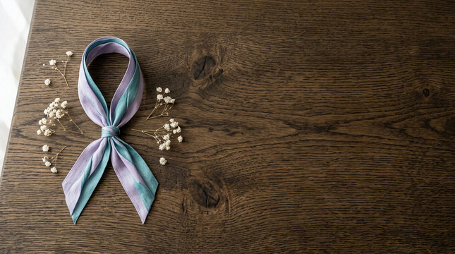Lavender and teal silk scarf tied as an awareness ribbon on a dark wooden table with white dried flowers, representing health support, hope, and social consciousness in soft light.